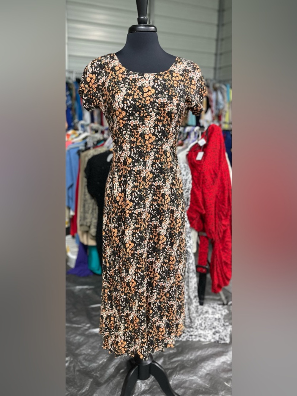 Vintage -All That Jazz Black Maxi Dress with Tan & Cream Floral Print